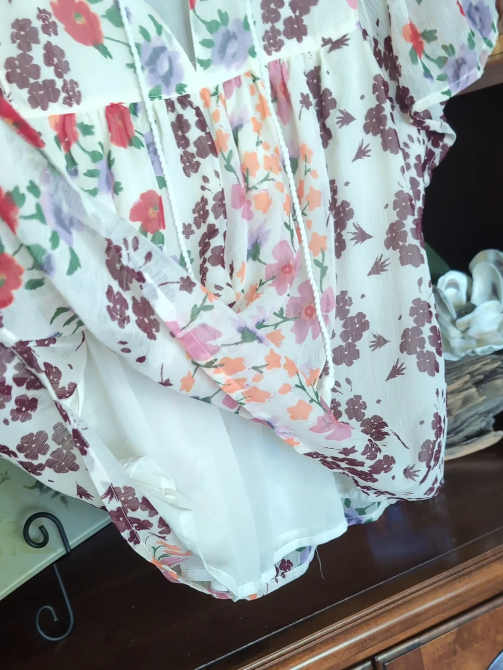 Lucky Brand Cream Floral Tie-Front Ruffle Sleeve Blouse